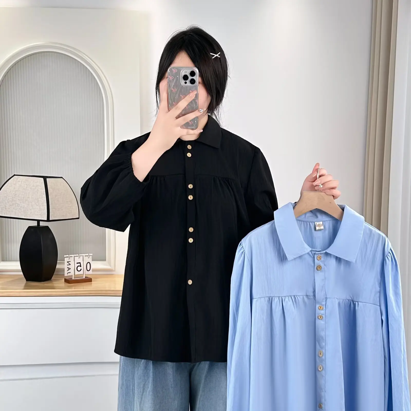 Plus Size Women's Blouses 2025 Autumn Casual double-button Puff Sleeved Peter Pan Collar Shirt 663