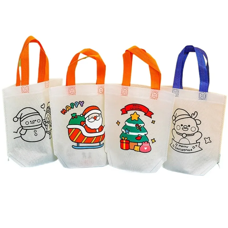 Cartoon Christmas Diy Graffiti Bag Handmade Painting Non-Woven Bags for Children Arts Crafts Color Filling Handbag Xmas Gift gift bags christmas gift bags