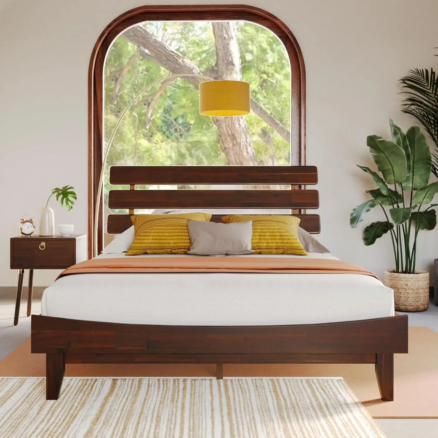 15'' Bed Frame with Adjustable Headboard - Mid Century Retro Style with Acacia Wood - No Box Spring Needed Walnut Queen