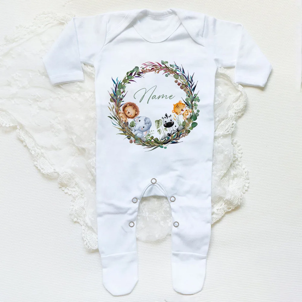Baby Clothes Baby Sleepsuit Personalised Baby Babygrow Sleepsuit Safari Animals Wreath Infant Sleepsuit Boys Girls Clothes Newborn Coming Home Outfits