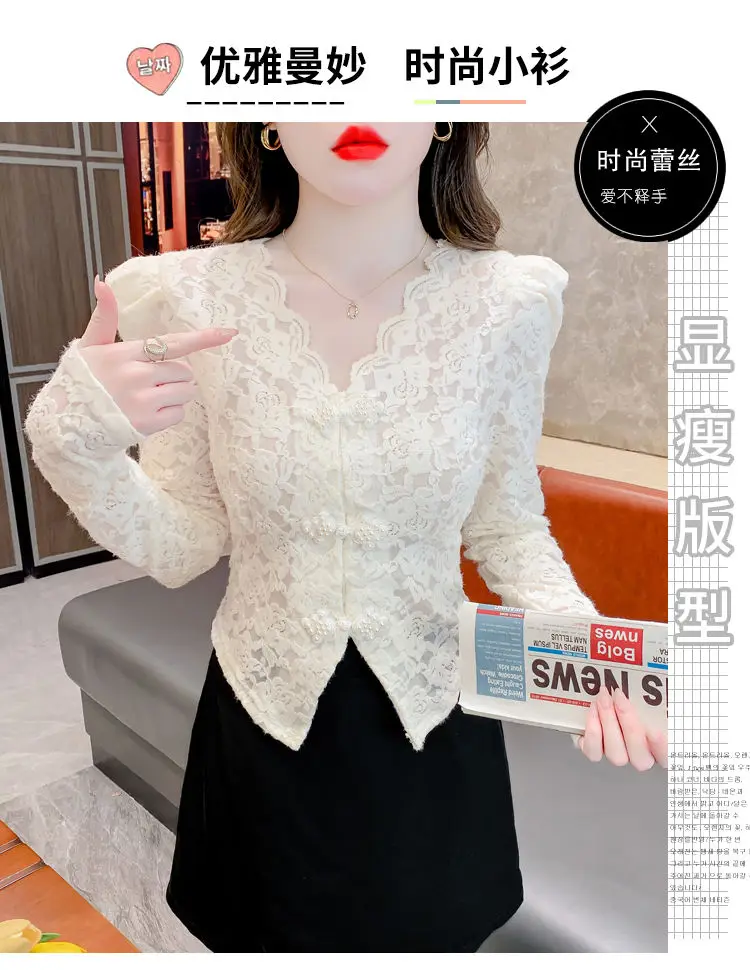Temperament V-ausschnitt Slim Fit Spitze Hemd für Frauen Neue Französisch Süße Lange Ärmeln Einfarbig Basis Shirt Top – Detail 4