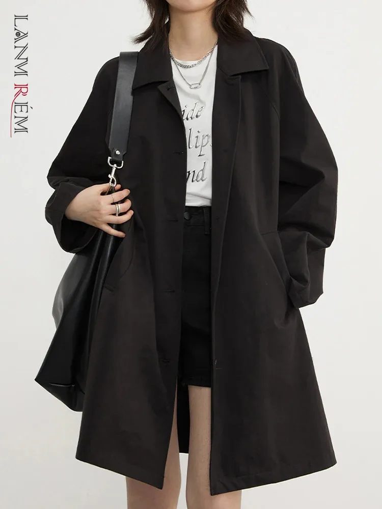 

[LANMREM] 2024 Spring New Mid-length Trench For Women Solid Lapel Long Sleeve Simplicity Straight Outwear Fashion Coats 26D5257