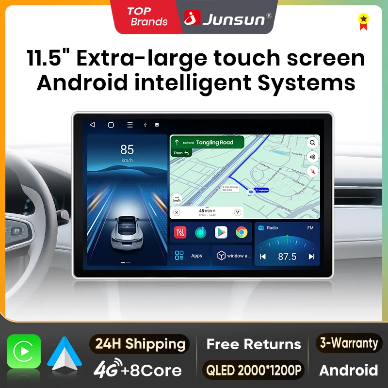 Junsun Radio Universal para coche con pantalla táctil QLED de 11,5 pulgadas, inalámbrico, para Apple CarPlay, Android, estéreo, reproductor multimedia de vídeo, sistemas inteligentes para automóviles, 2 Din, autorradio, unidad principal, navegación GPS, BT, 4G, WIFI, 8 núcleos, FM, AM, DSP, RDS, SWC, DAB 1