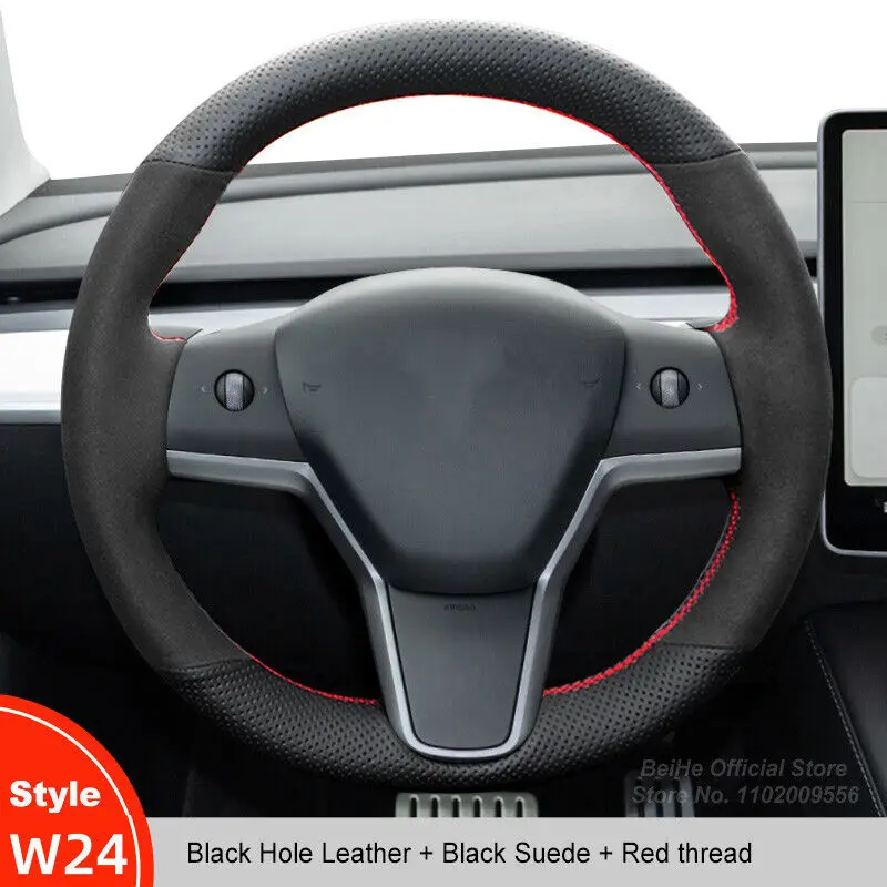 

DIY Hand-stitched Black Leather Car Steering Wheel Cover For Tesla Model 3 2017-2020 Model Y Interior Accessories