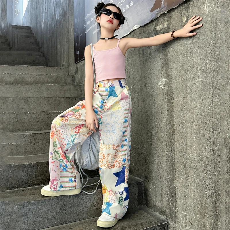 teen Funny Print Pants Girl Graffiti printed straight Wide Leg Trousers Casual Child Loose Pantalones Thin Sweatpants Streetwear
