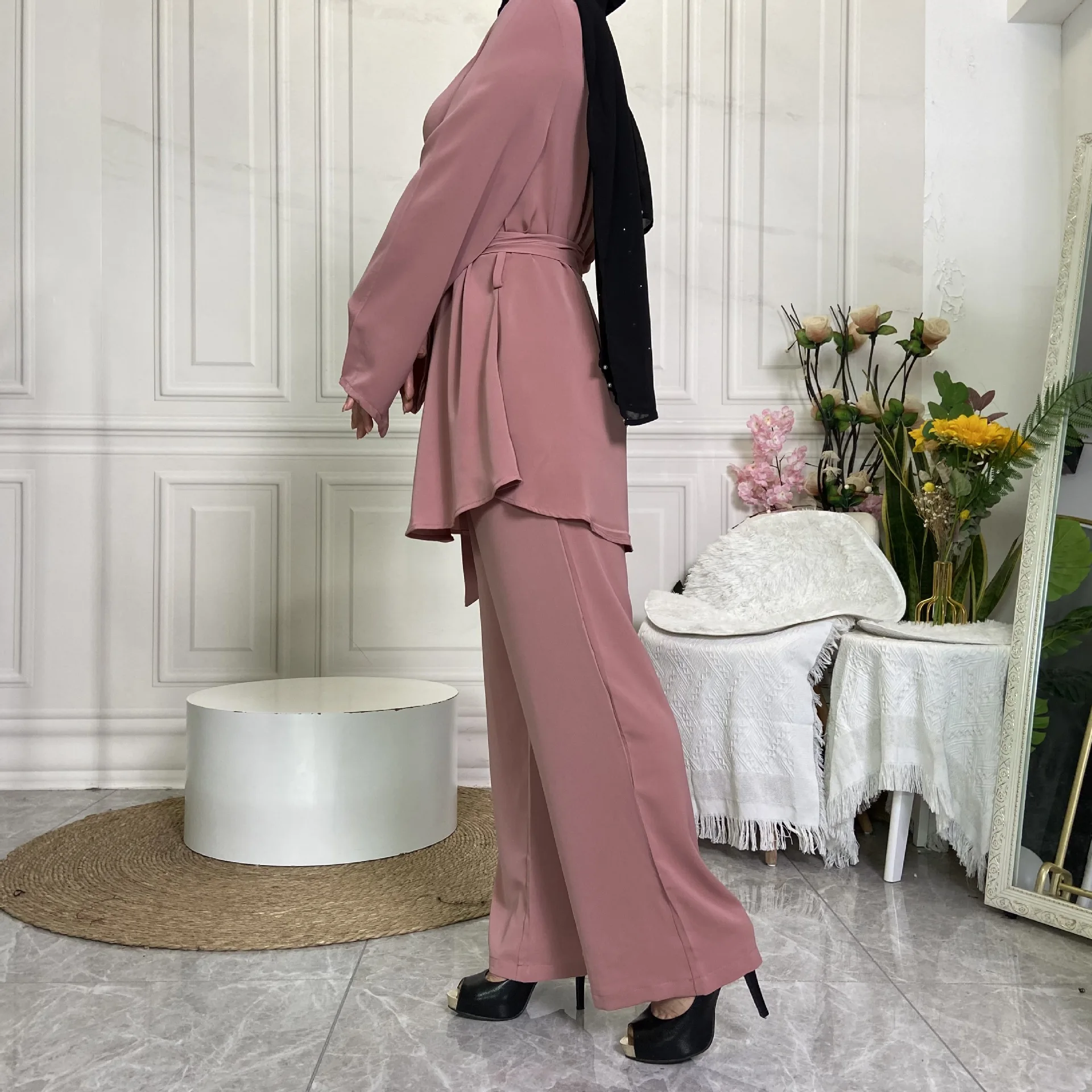 Free Shipping Exclusive Middle East Dubai Fashion Women's Wear: Simple Wide Leg Pants Muslim Nida Lace-up Suit