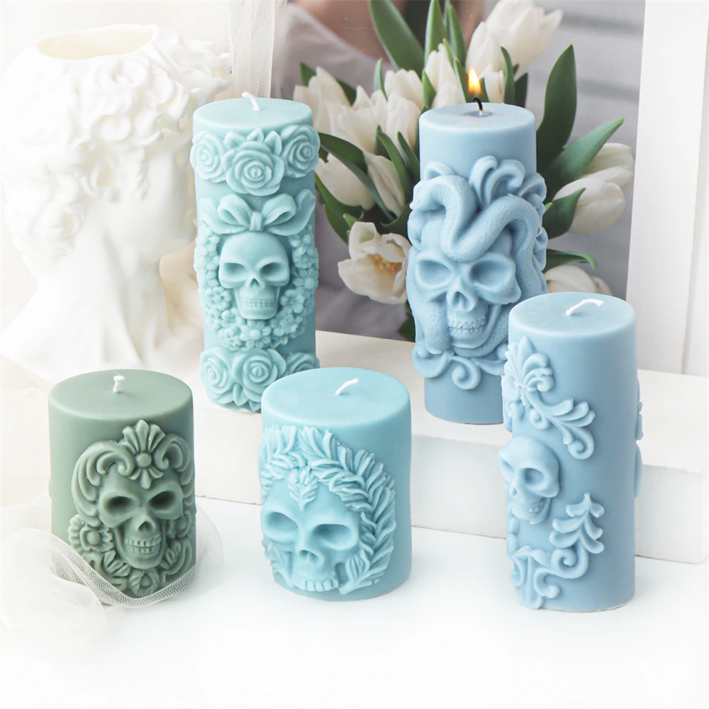 3D Relief Skull Column Candle Silicone Mold DIY Halloween Skull Post Aroma Gypsum Candle Mold Handmade Halloween Gift Decor Tool