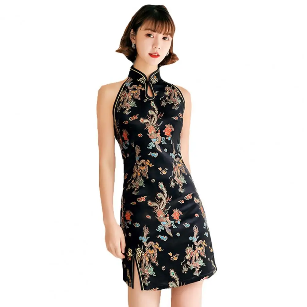 

Summer Cheongsam Chinese Style Side Split Hollow Out Stand Collar Dress-up Off Shoulder Dragon Phoenix Print Qipao Dress