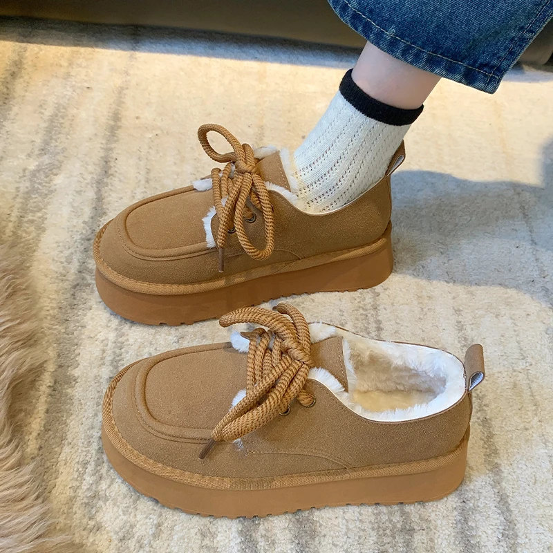 

Flat Heel Lace Up Lady Boots Round Toe Women's Rubber Shoes Rain Australia Plush Boots-Women Winter Footwear Med Lolita Padded E