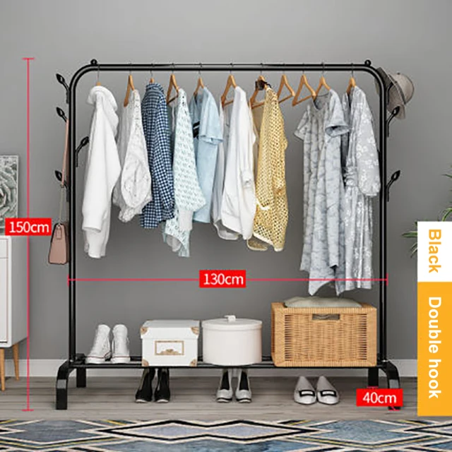 Garment Rack Free-standing Clothes Rack with Top Rod,Coat Rack Clothes, Hanger Wardrobe ,Clothes for Rack Lower Storage B-Double Hook-130cm