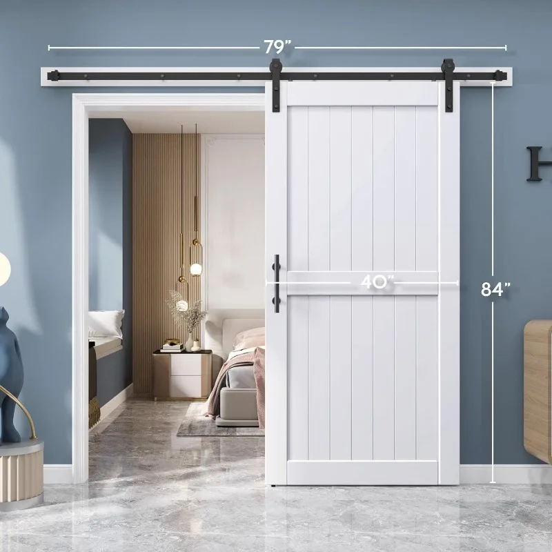 40" X 84" Sliding Barn Door Comes with 7' Barn Door Hardware Track Kit Solid Waterproof and Scratch Resistant Finish White 6
