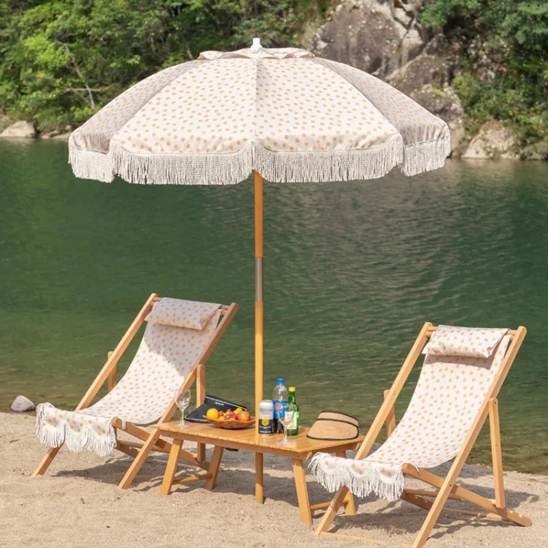 

Outdoor Beach Umbrella with Fringe Patio Garden Pool Tilt Sunshades Luxurious Bohemian Sun Protection Tassel Parasol Wooden