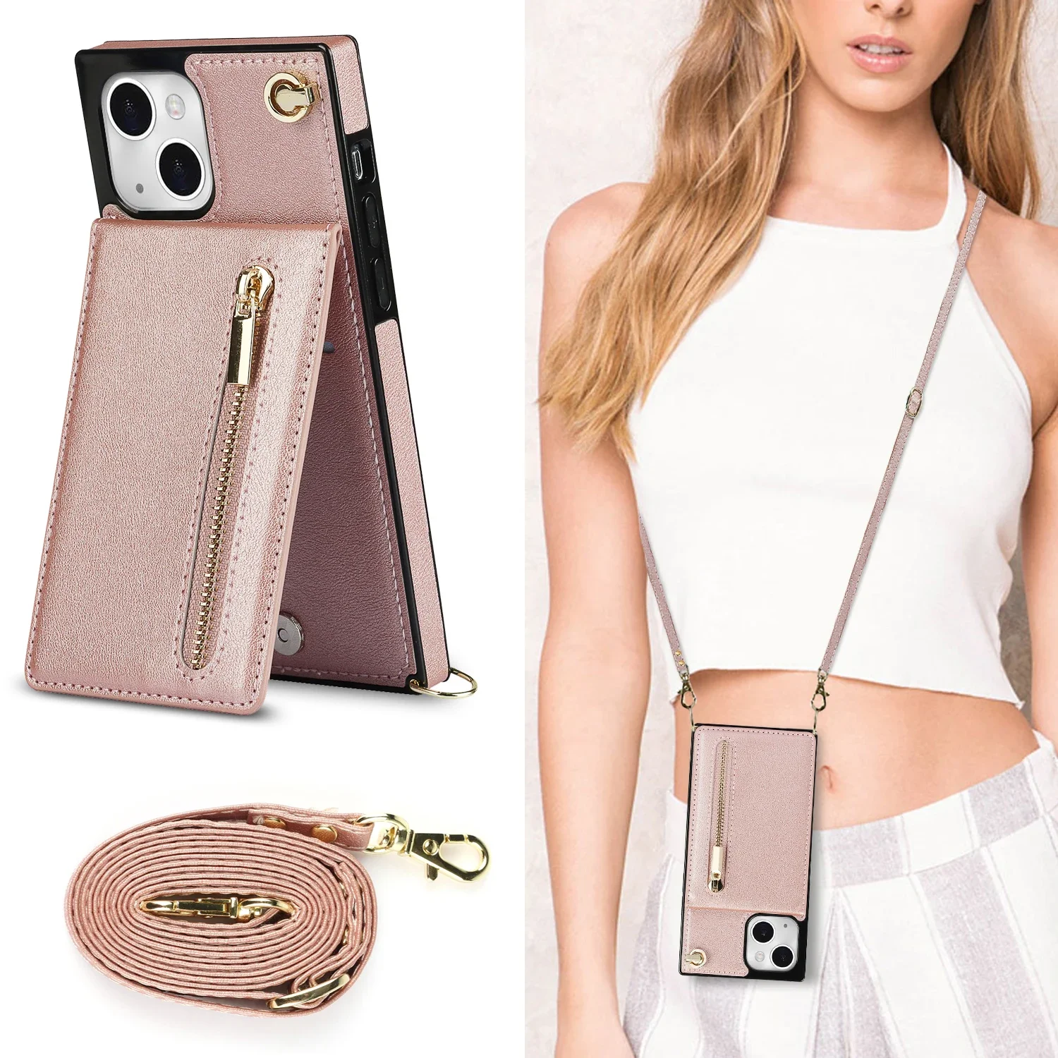 Leather Crossbody Card Holder Wallet with Zipper and Lanyard