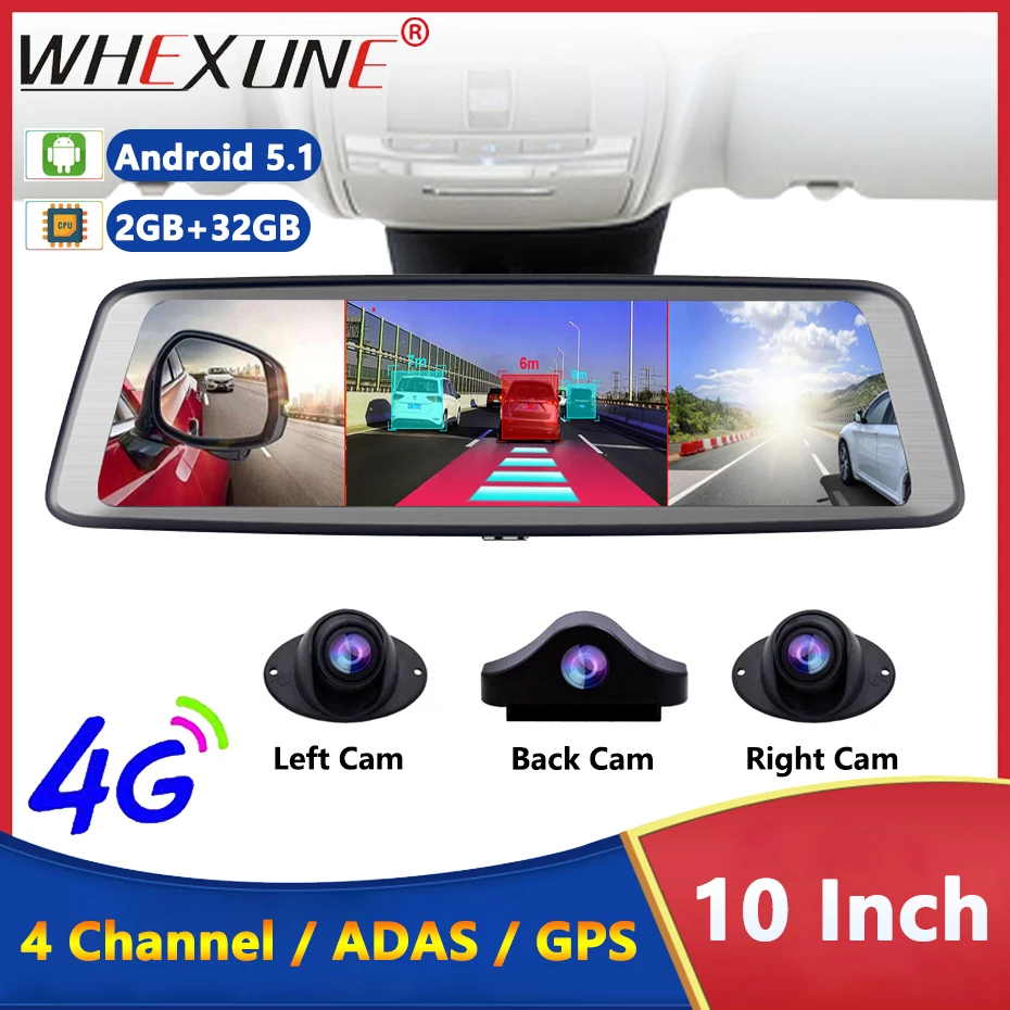 

4 Channel WIFI Dash Cam 10 Inch 4G Android 5.1 Car Rearview Mirror 360° Video Recorder GPS Navigation ADAS Camera FHD 1080P DVRs