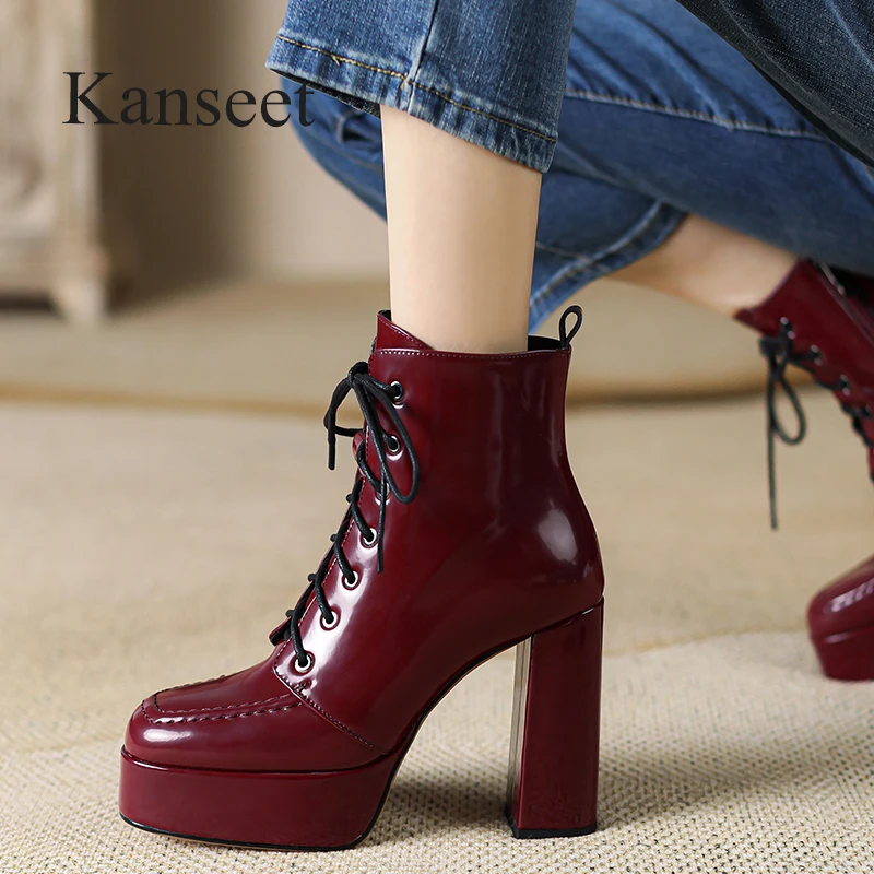 

Kanseet Platform Women Short Boots Autumn Fashion Genuine Leather High Quality Square Toe Zipper High Heels Ankle Boots Wine Red