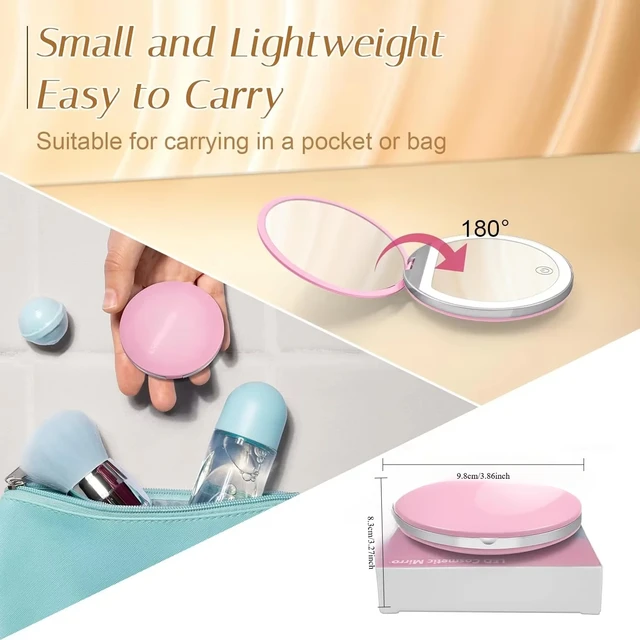Miroir de maquillage de poche Compact et pliable, grossissant 1X/5X, avec lumière, 3 couleurs, miroir cosmétique, Portable, Rechargeable, tactile 4