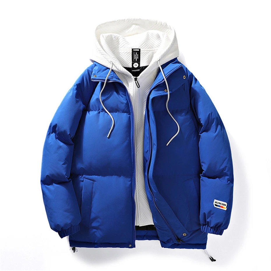 Padded Jacket Men Winter Parkas Thick Jacket Coat Solid Color Fashion Casual Fake Two Pieces Hooded Parkas Male Winter Outerwear