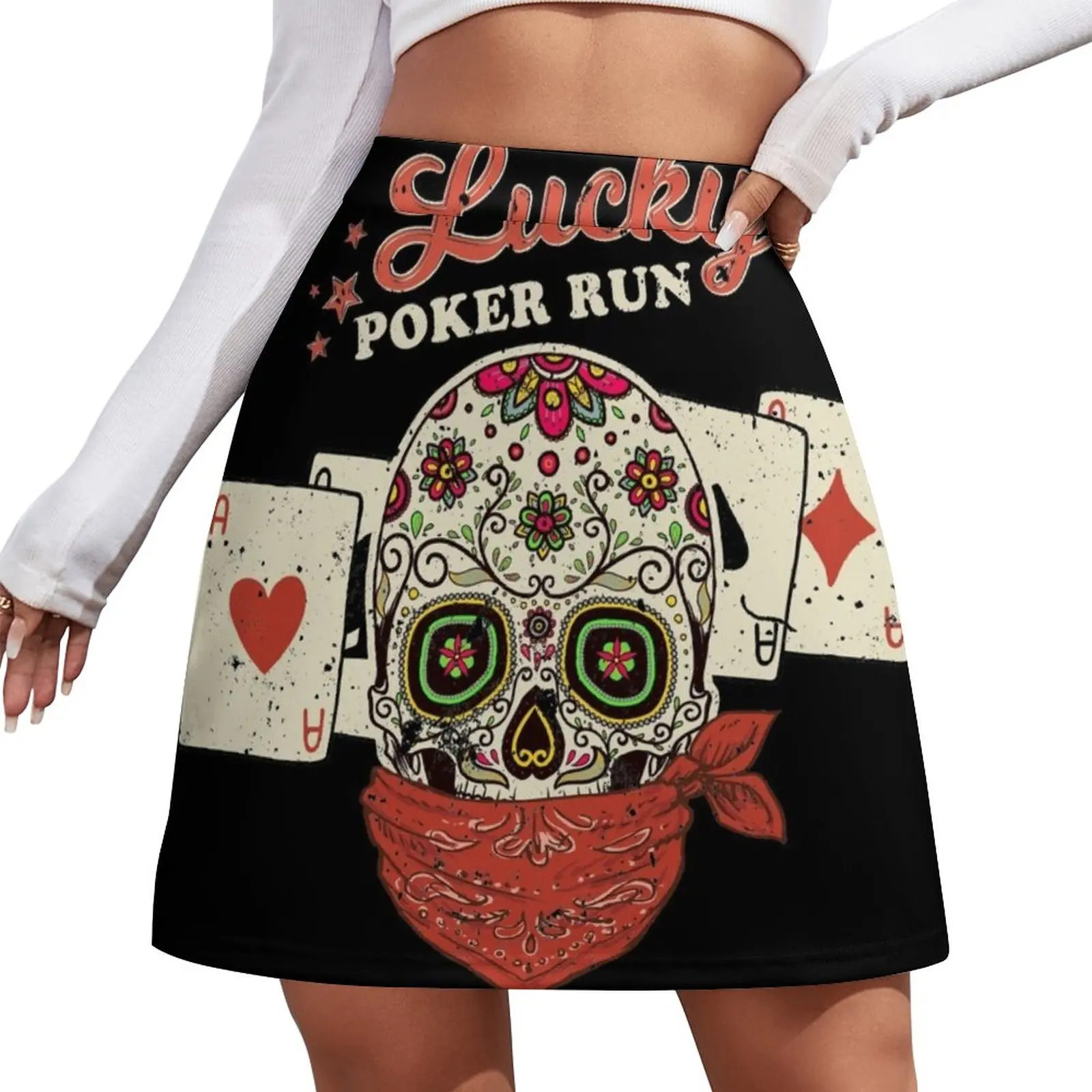 Poker Run - Sugar Skull Bandanna & Cards Mini Skirt sexy short mini skirts mini skirts Women's summer skirts