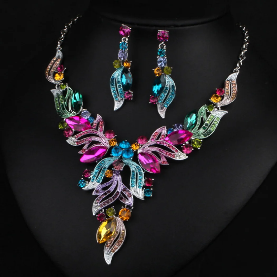 

Trendy jewelry fashion Europe design women's wedding jewelry sets colorful Enamel flower necklace with earring accessory