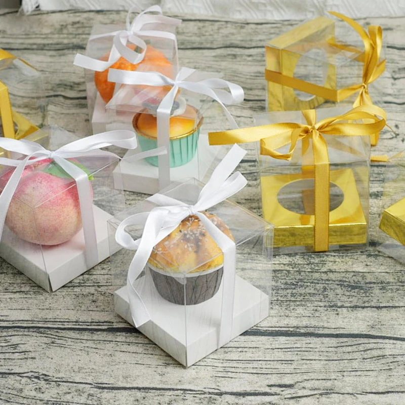 12Pcs PET Square Transparent Cupcake and Cake Boxes with Decorative Ribbons, Clear Plas... - SKU STCB1745 - UGI Packaging
