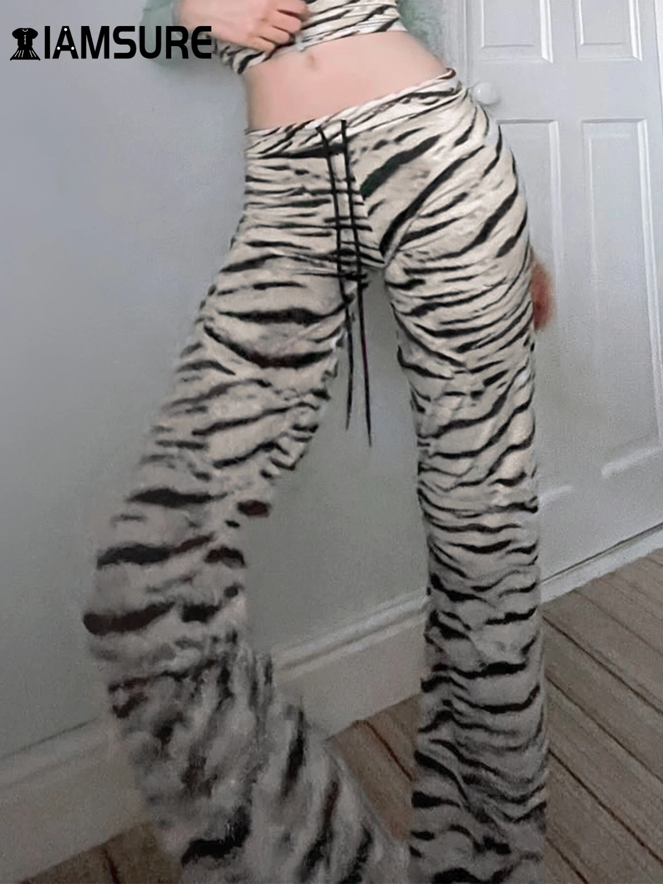 

IAMSURE Beach Style Casual Zebra Printed Flare Pants Holiday Slim Low-Waisted Pants Women 2024 Autumn Spring Fashion Streetwear