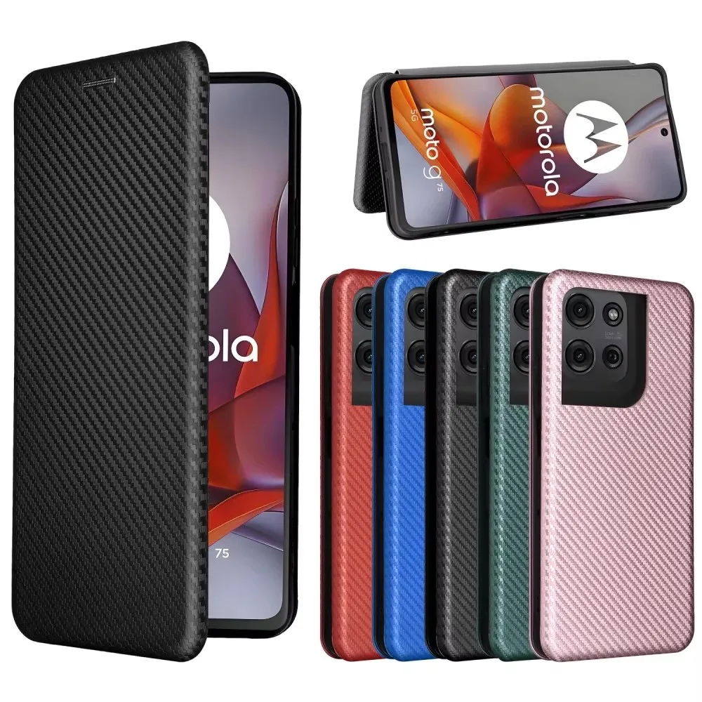 Leather Wallet Phone Case with Magnetic Closure - Carbon Fiber Finish