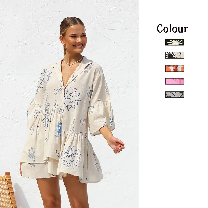 

CXY-24New Comfort Simple Bell Sleeve Ethnic Style Loose Shirt Short Dress-88210