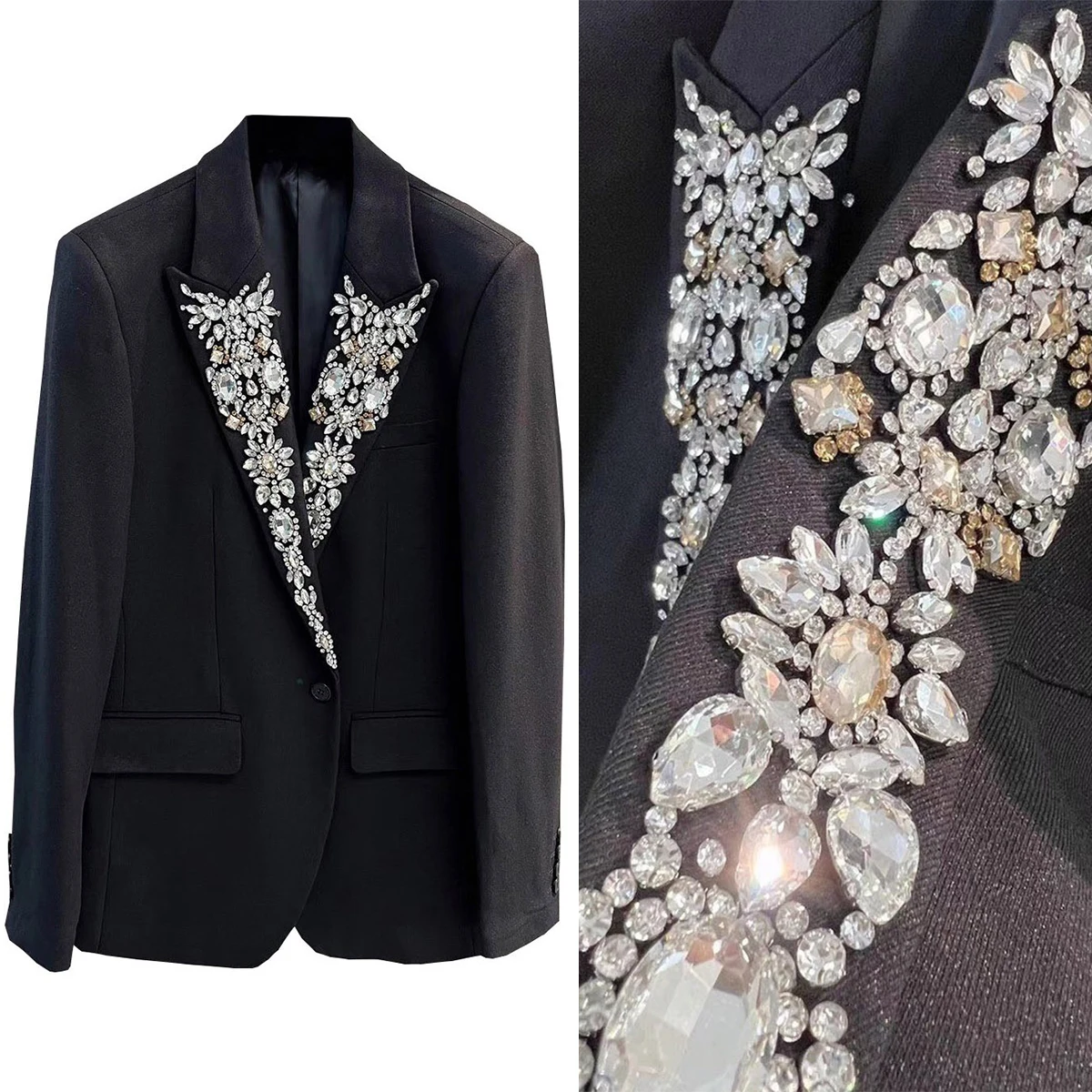 

Luxury Men's Suits Tailored One Piece Blazer One Button Peaked Lapel Beaded Diamonds Crystal Wedding Host Custom Made Plus Size
