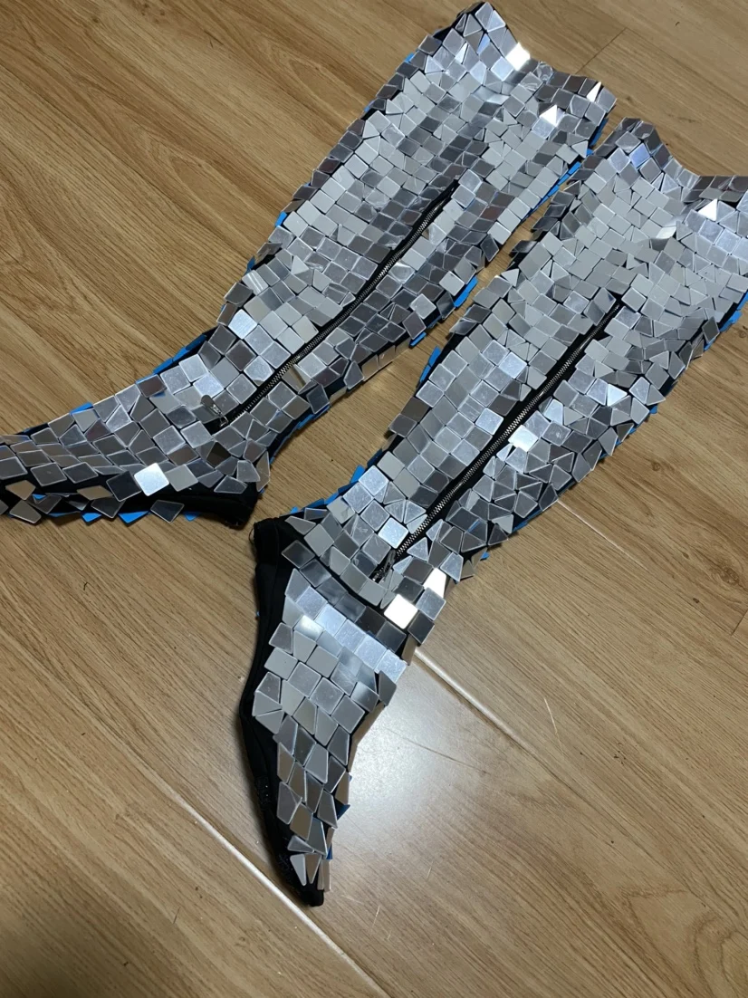 Folk Dance Singer Party Show Mirror Shoes Women Stage Show Costume Over Knee Boots Nightclub Gogo Mirror boot cocovers