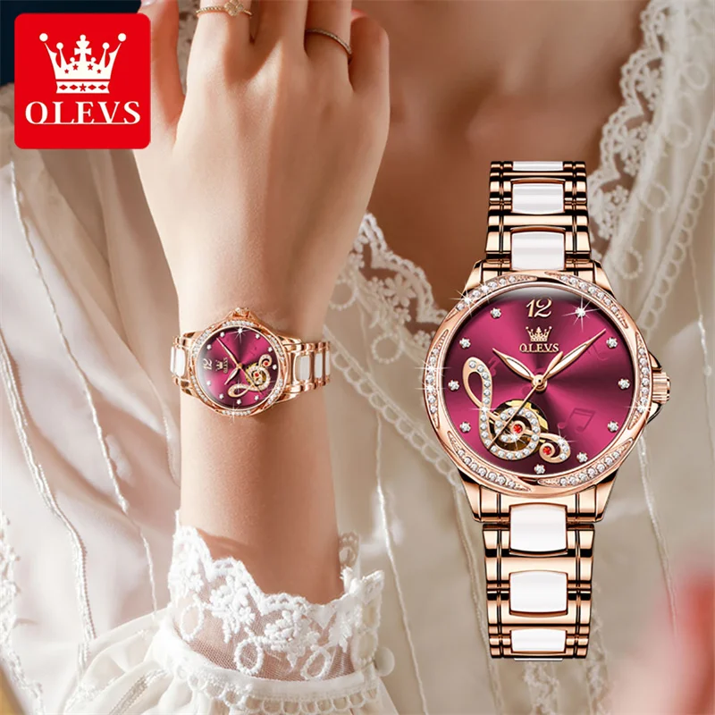 OLEVS Musical Note Ceramic Diamond Women Watches Luxury Brand Ladies Automatic Mechanical Watch Women Relogio Feminino Gift  New