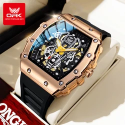 Men's Silicone Strap Fashion Casual Tonneau Watch with Hollow Dial Design - Waterproof & Luminous Mechanical Wristwatch (Rose Black Gold)