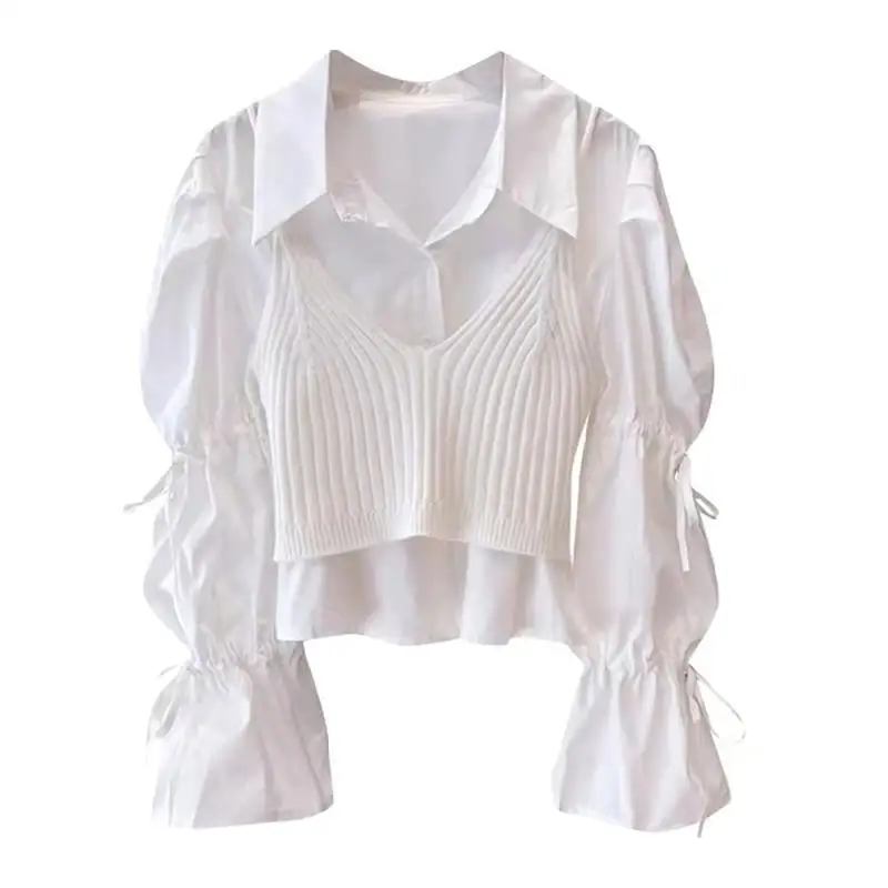 French White Pagoda Sleeve Short Tops Spring 2024 New Women Design Sense Niche Sling Solid Color Shirt All-match Two Piece Set
