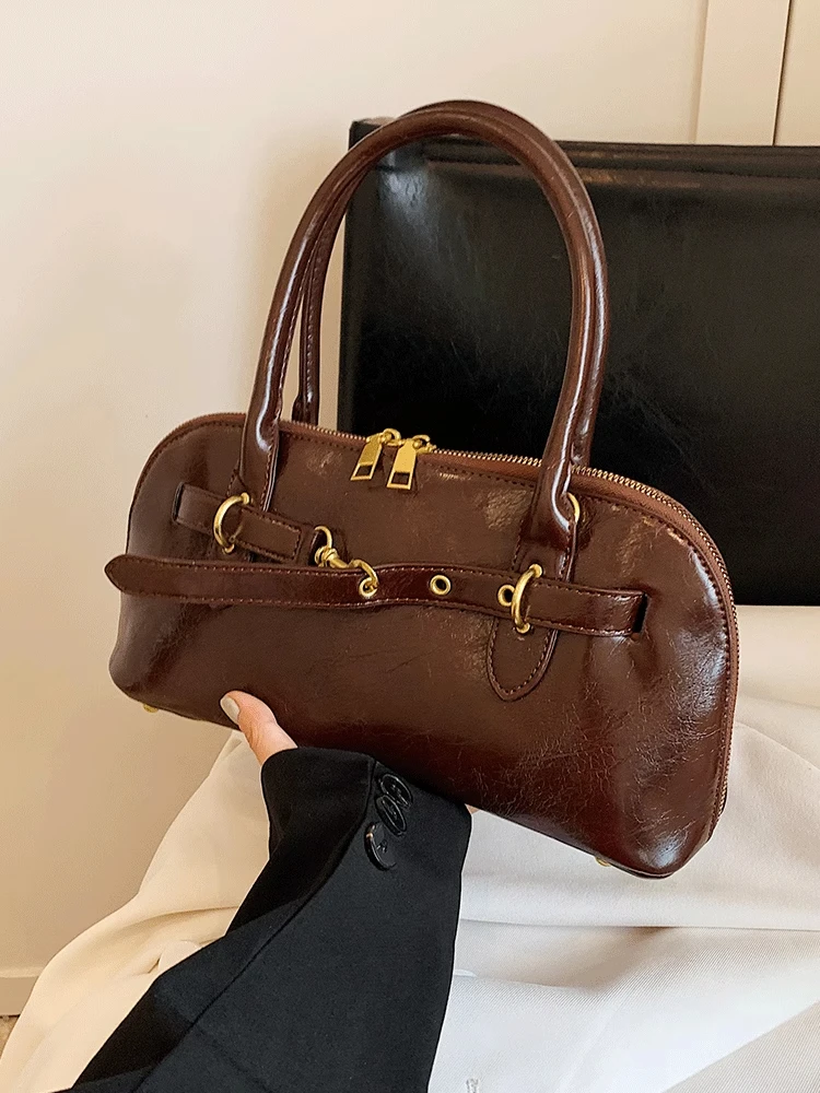 Vintage Oil Waxed Leather Shoulder Bag autumn solid color lady handbags women classic red wedding bag