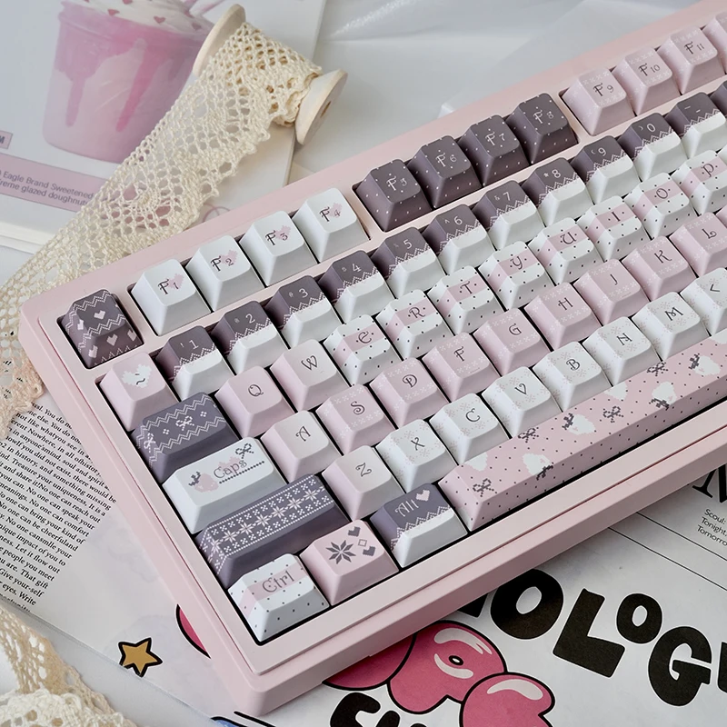 Kawaii Pink Strawberry Bunny Pastel Cherry Profile Keycaps (129 Keys)