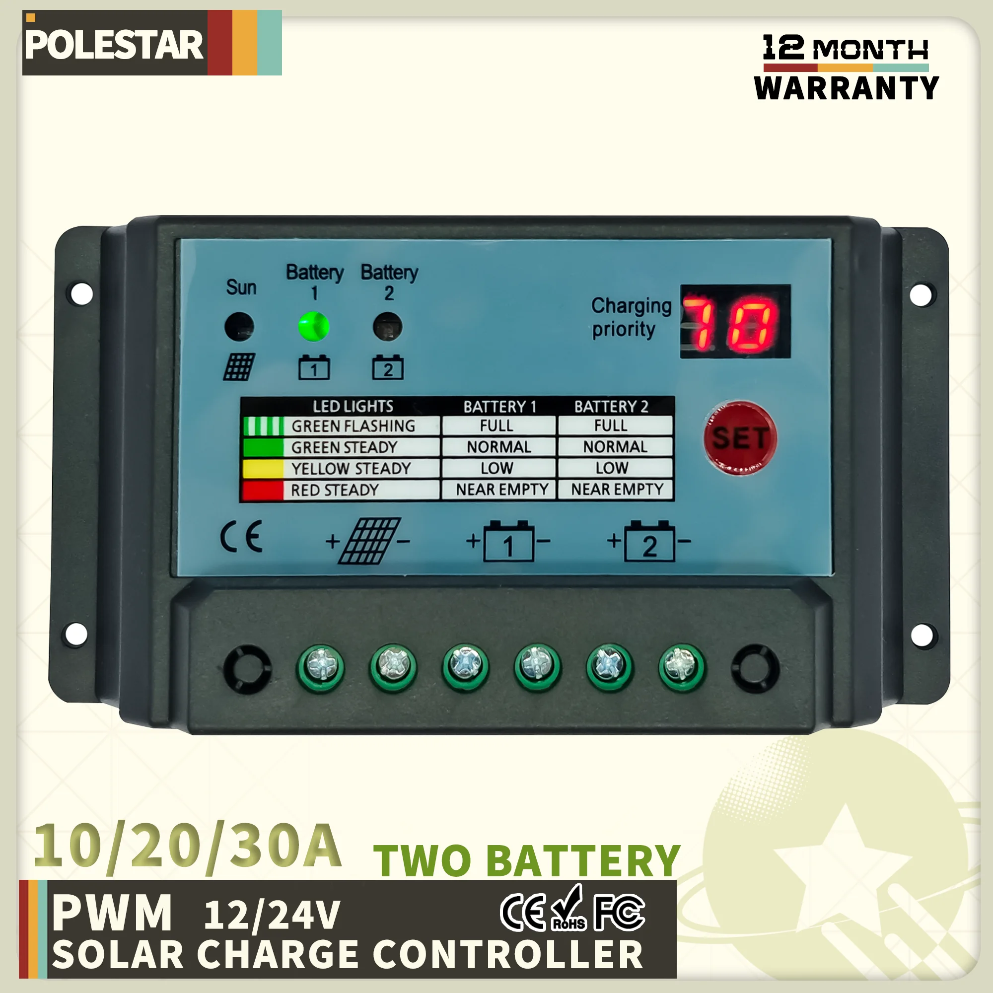 Polestar 12V 24V Dual Battery Solar Charge Controller 10A 20A 30A PWM System Batteries Power Panel Regulator Charger