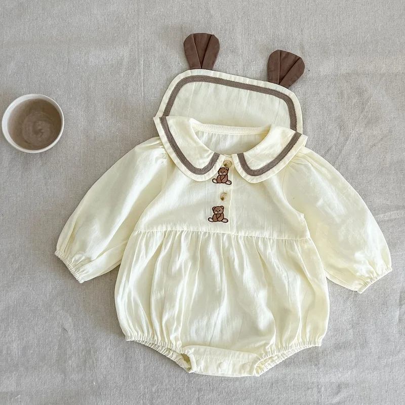 

Baby girl spring and autumn new jumpsuit girls lace lace large lapel long-sleeved simple casual bag fart romper 0-3 years old