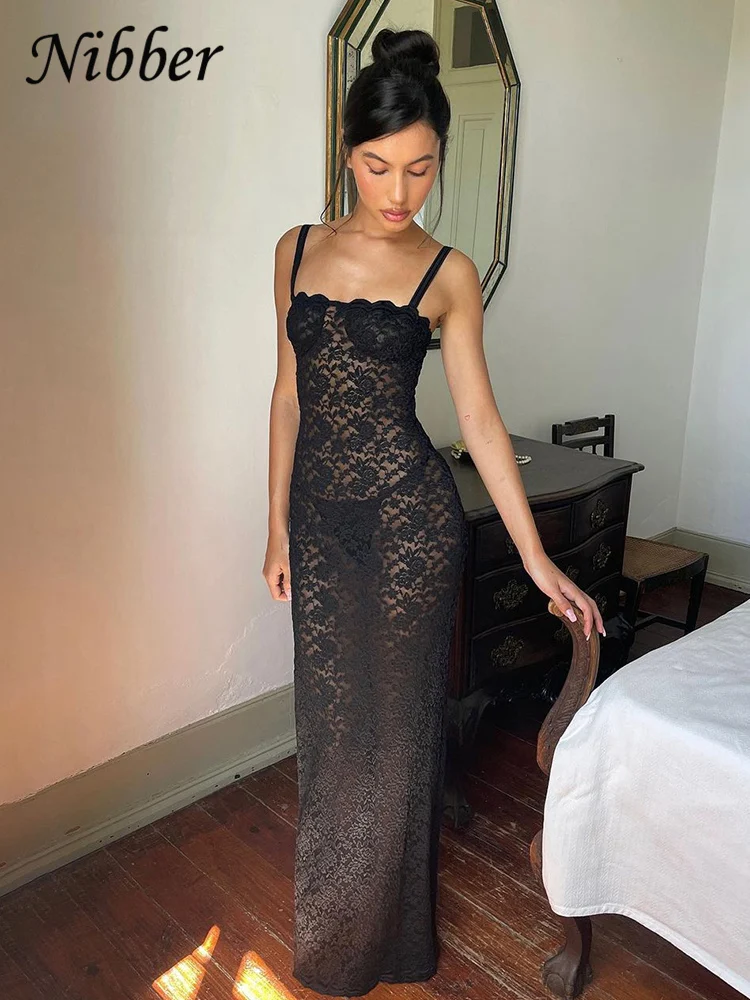 Nibber See Through Lace Maxi Dress Women Solid Hollow Out Bodycon Female Backless Streetwear Elegant Club Robe Vestidos