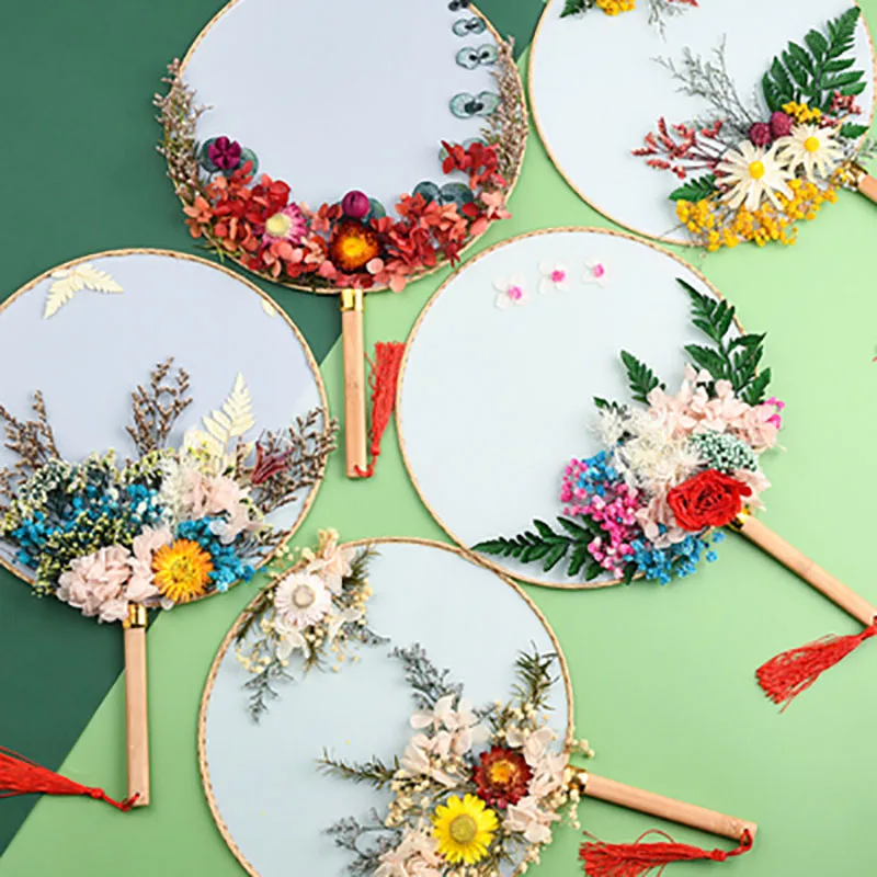 Natural Dried Flowers Fans DIY Kit, Round Painting, Hand Held Fans, Craft Making for Hanfu, Home Decoration, Party, Wedding Gift