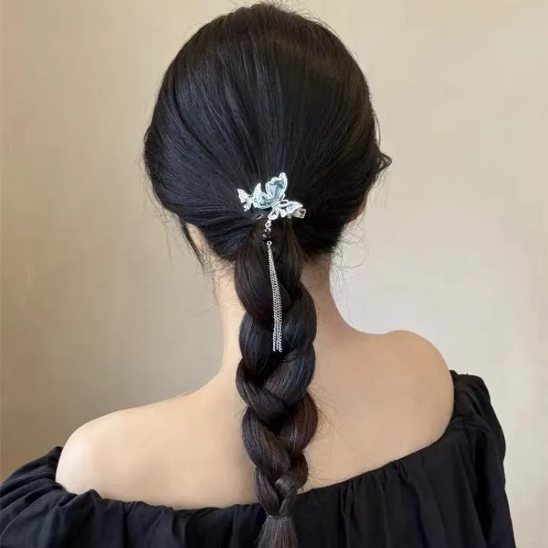 모던 고대 스타일 잉크 앤 워시 나비 바레트, 진주 술 머리핀, 여성 기질 헤어 액세서리, 소녀 쥬얼리