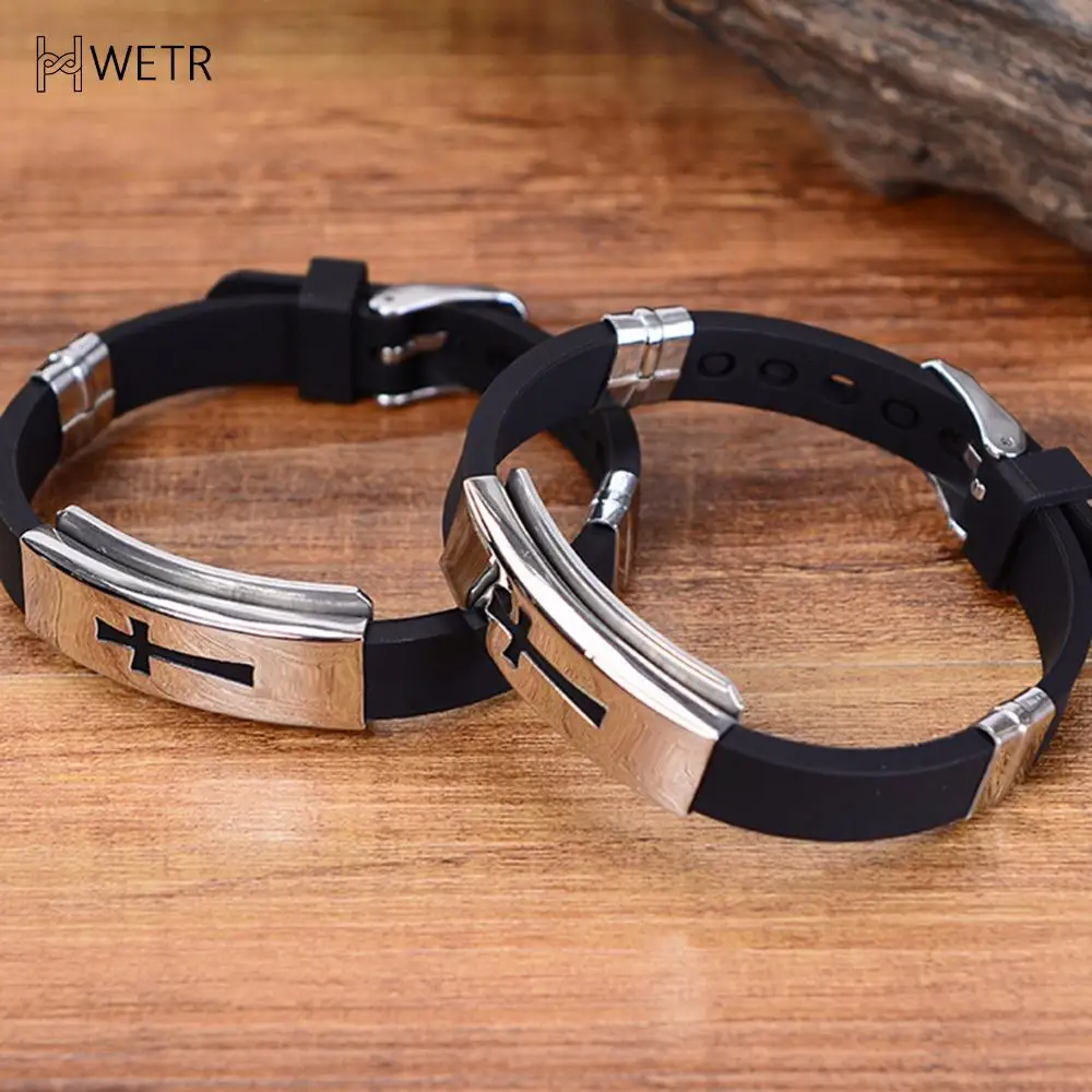 Fashion Cool Wristband Jewelry Womens Mens Cross Stainless Steel Silicone Buckle Bracelets Bangle 1PCS bracelet jewelry leather bracelets shell charm bracelets