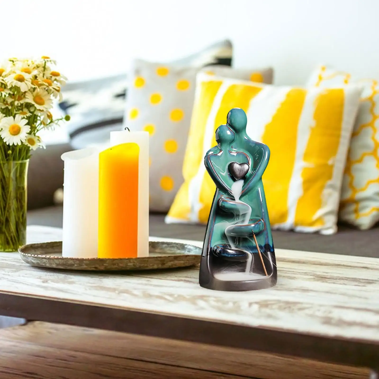 

Ceramic Backflow Incense Burner Statue Ornament Couple Flow Incense Burner Modern for Home Table Yoga Studio Living Room Office