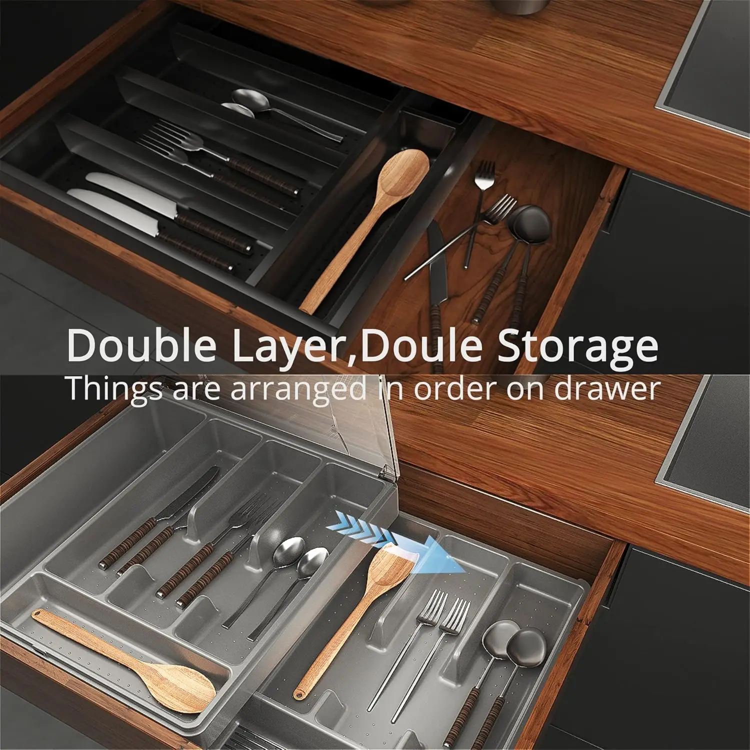 Double silver storage box with cover, cutlery rack with cover, cutlery storage box, gray