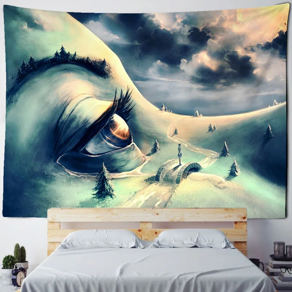 

Landscape Woman Tapestry Wall Hanging Psychedelic Witchcraft Natural Mountains and Rivers Painting for Home Living Room Decor