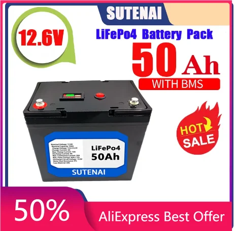 

Batería de fosfato de hierro y litio LiFePO4 de 12V 50Ah, batería BMS integrada para sistema de energía Solar