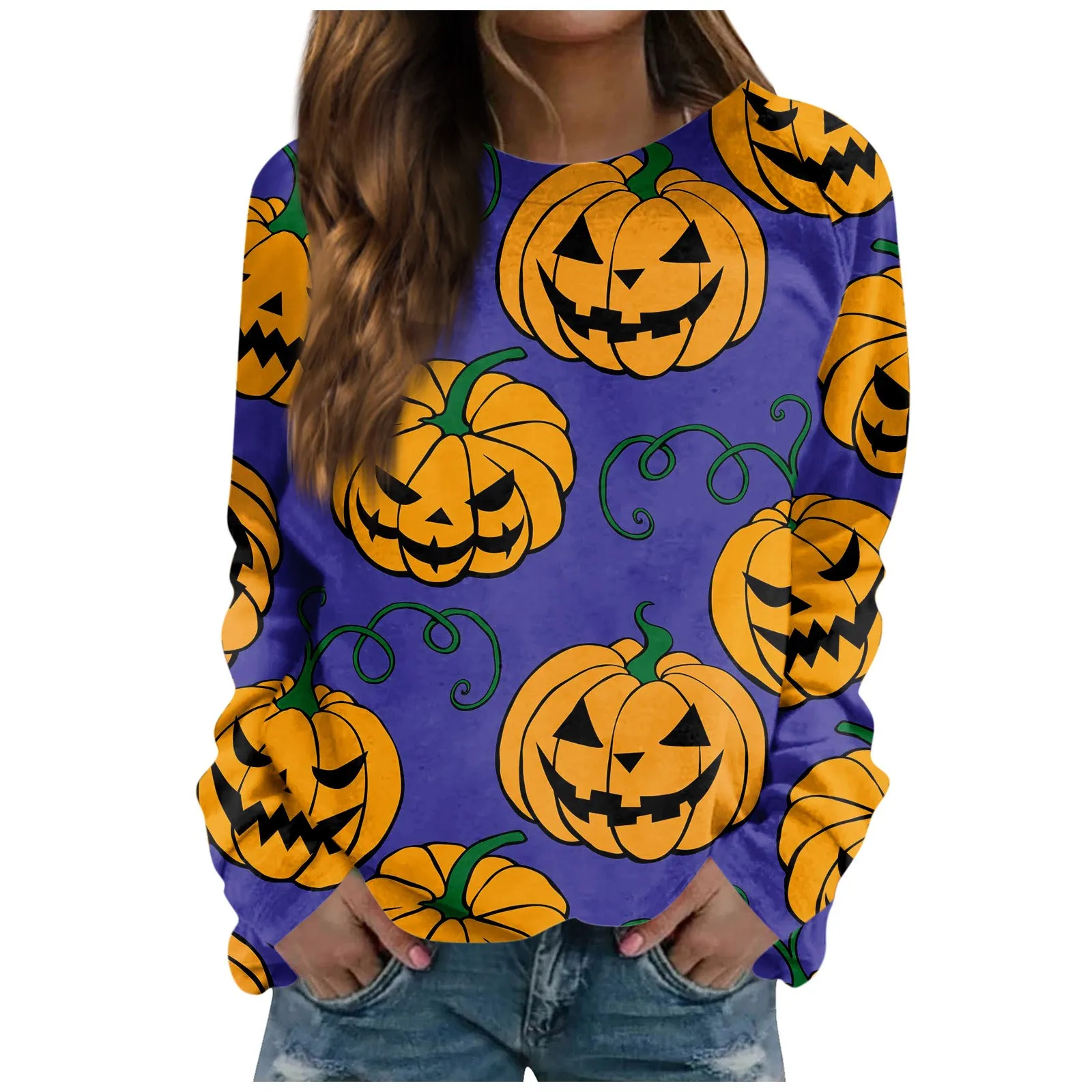 

Women Blouse Vacation Fashionable Comfortable Halloween Pumpkin Head Printed Round Neck Long Sleeve Women Blouse Vestidos
