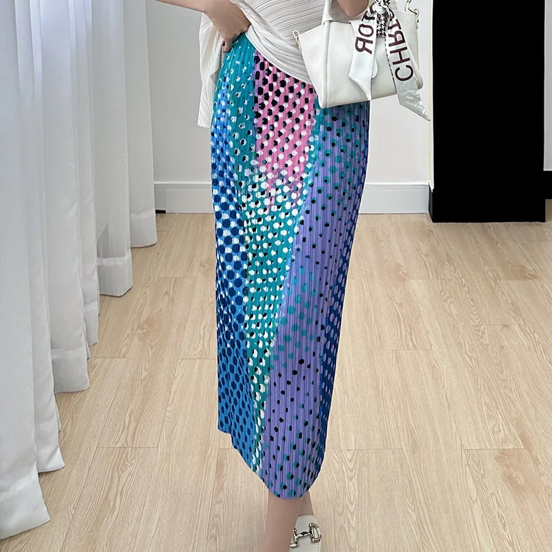 

Pleated 2023 Summer New Elastic Waist Comfortable Casual Wave Dot Print Mid Length Dress Fashion Korean Straight Tube Skirt