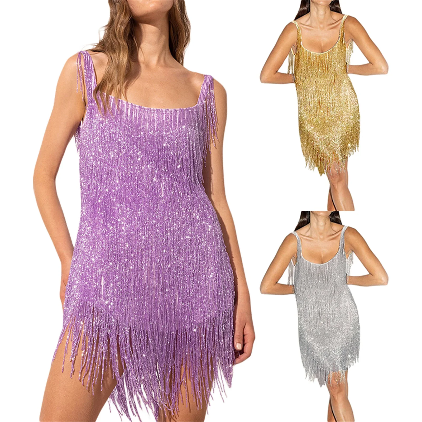 

Women's Spaghetti Strap Bodycon Mini Dress Summer Short Sling Dress Sleeveless Halter Sequins Tassel Sexy Party Dress