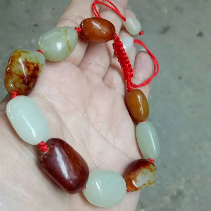 

Hetian Pebble Rough Stone White Jade Red Secretion Leather Bracelet