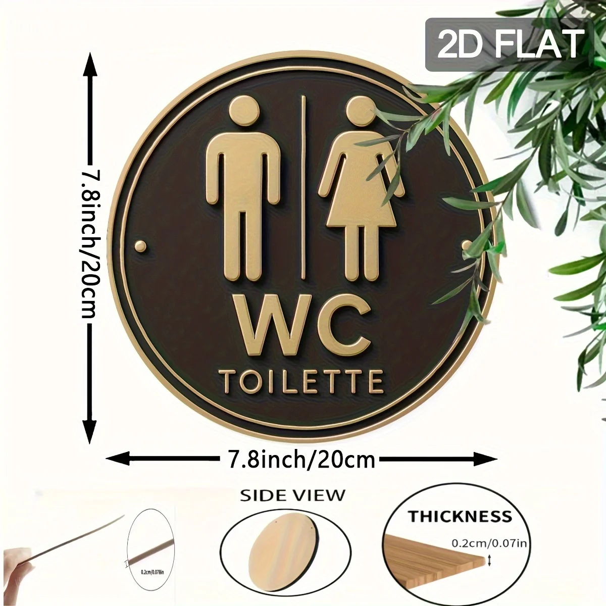 2D 평면, 1개 현대적인 독일식 화장실 표지판, 원형 나무 벽 장식, 다용도 현관문 장식, 전원 필요 없음, 배트