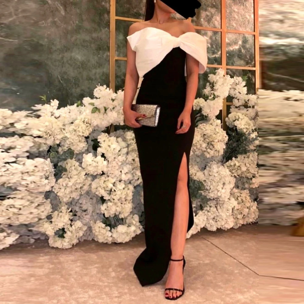 

Black Satin Boat Neck Bow Prom Evening Dresses Floor Length Slit Formal Party Dress for Women Party فساتين السهرة